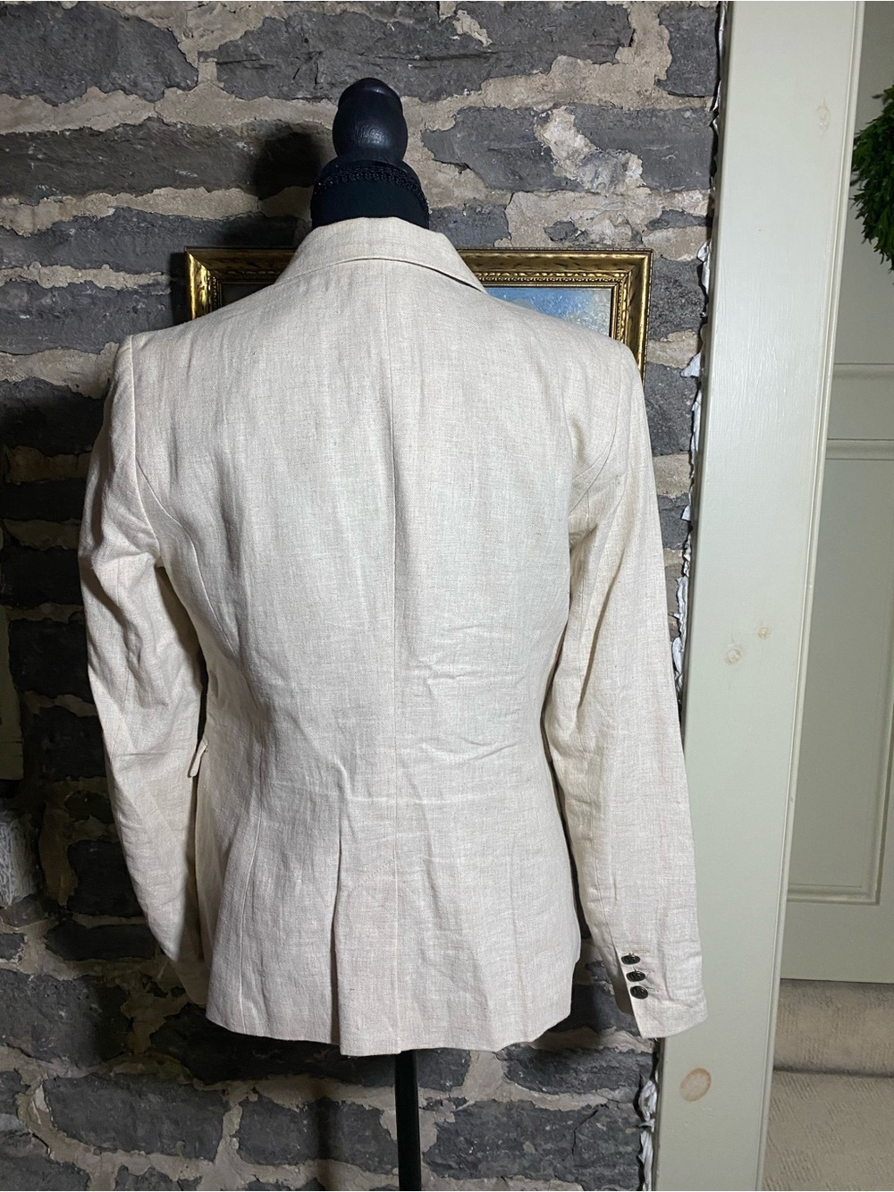 British Khaki Cream Linen-Blend Single-Button Blazer with Blue Stripe Accents S - Picture 3 of 10